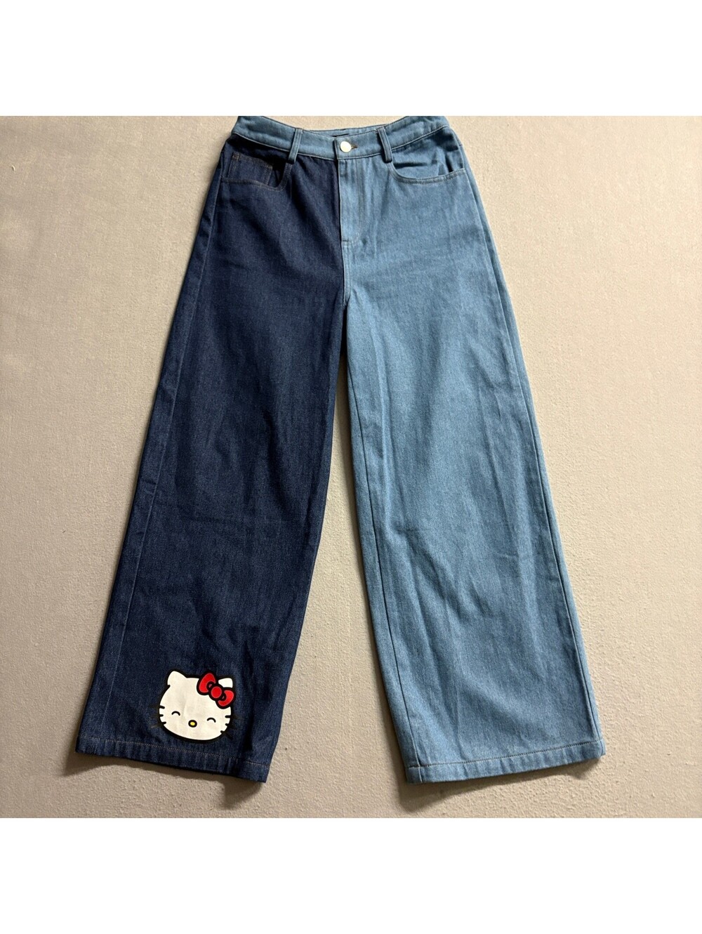 Shein Hello Kitty Wide Leg Jeans Womens Small Two Tone Blue Denim Colorblock